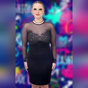 Tadashi Shoji sizeM Black Midi Form Fitting Cocktail Dress Sheer Embellished Top